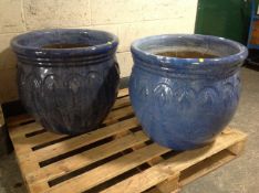 A pair of blue glazed ceramic garden planters,