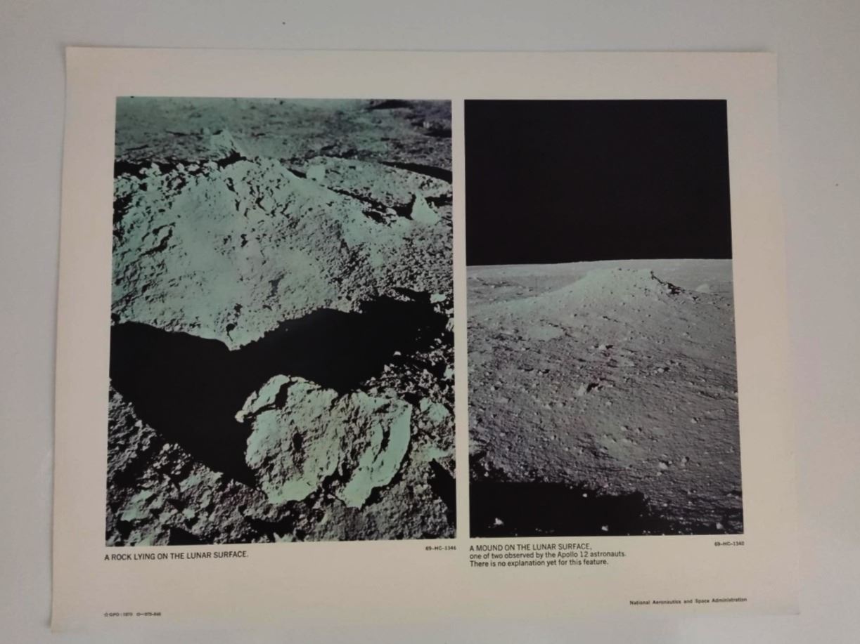 Vintage NASA lithograph of a rock on the lunar surface and a mound on the lunar surface.