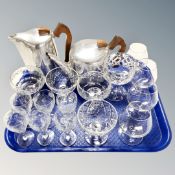 A tray containing assorted drinking glasses together with a Newland chrome Art Deco tea and coffee