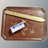 A lacquered and inlaid Chinese small tray, Sommer Vinter brass conversion ruler,