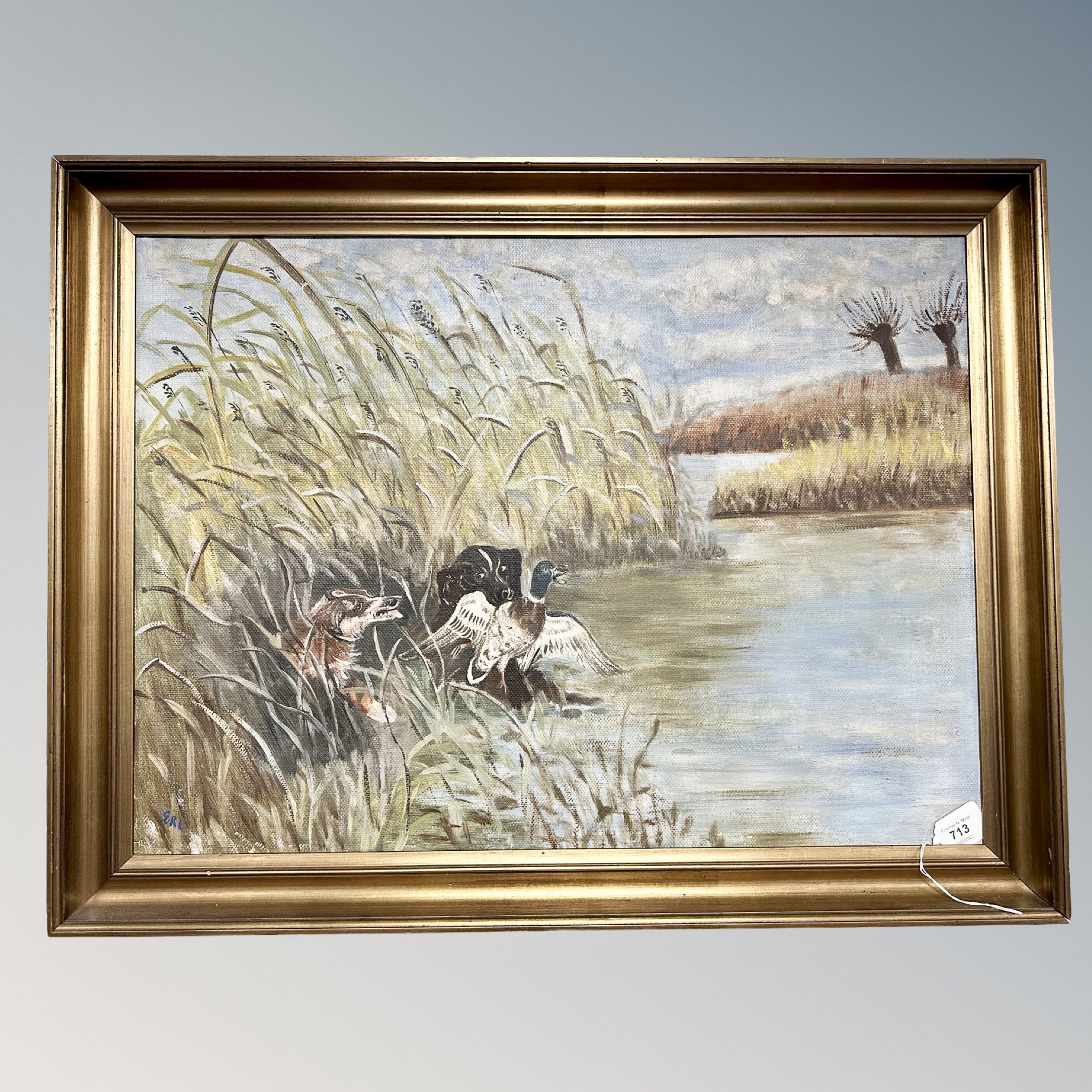 Continental school : retrievers in marsh land, oil on canvas,