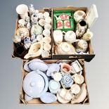 Three boxes of assorted ceramics including caddies, continental figures, commemorative mugs,