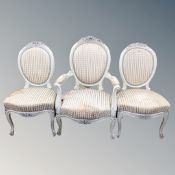 A French Louis XV style open armchair together with two further single chairs