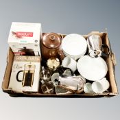 A box containing boxed and unboxed cafetieres, coffee pots, Thomas tea ware.