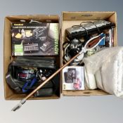 Two boxes containing shooting stick, Sony handycam, camcorder accessory pack, dashboard camera,