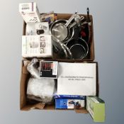 Two boxes of assorted kitchen electricals, salad spinners, wine chillers, pans,