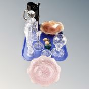 A tray containing assorted glassware including perfume bottles, glass paperweights,