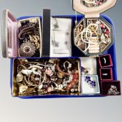 A tray containing jewellery boxes together with a large quantity of costume jewellery,