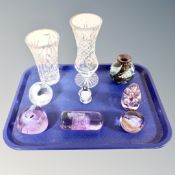A tray of two cut glass lead crystal vases together with seven further glass figures,