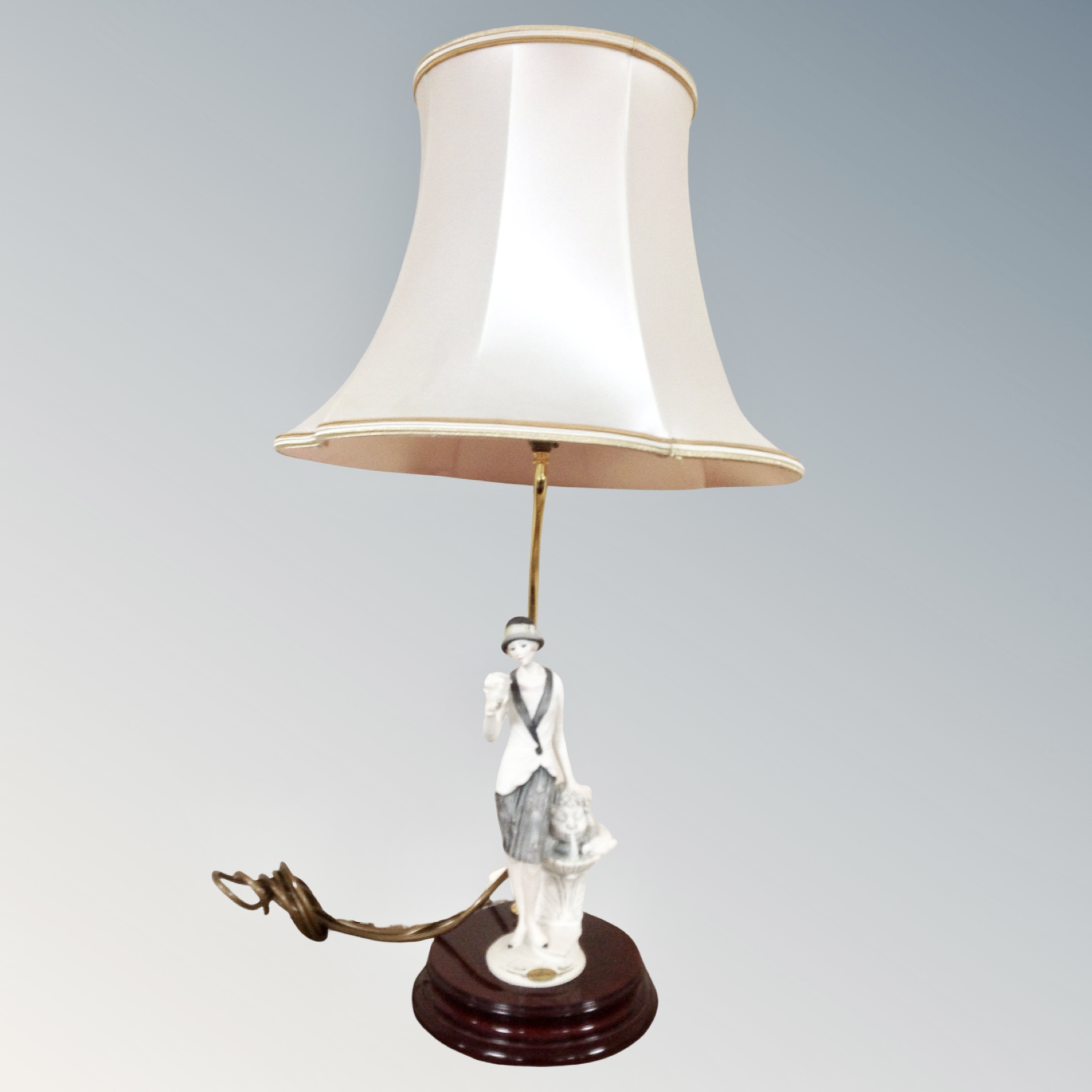 A Guiseppe Armani figural table lamp with shade in the form of an Art Deco lady with dove in hand