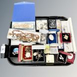 A tray of costume and silver jewellery, dress studs and cuff links,