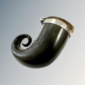 An early 19th century silver-mounted horn snuff mull, engraved Robt. Cutter, Sandiford, length 6cm.