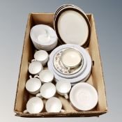 A box of assorted ceramics, Portmerion, Spode Chinese rose twin handled tea cup with saucer,