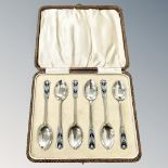 An Art Deco set of six silver and enamel teaspoons, William Hutton & Sons, Birmingham 1931, cased.