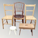 A pair of Edwardian bedroom chairs together with a bentwood chair,