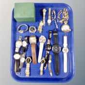 A tray of assorted lady's and gent's wristwatches to include Swatch Watch and Rolex watch box