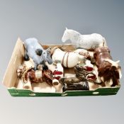 A box of five assorted shire horses together with further gilded metal rearing horse on marble base