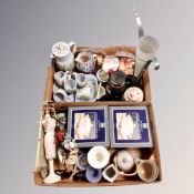Two boxes of assorted ceramics, boxed tureens, Portobello tea ware, Masons china,