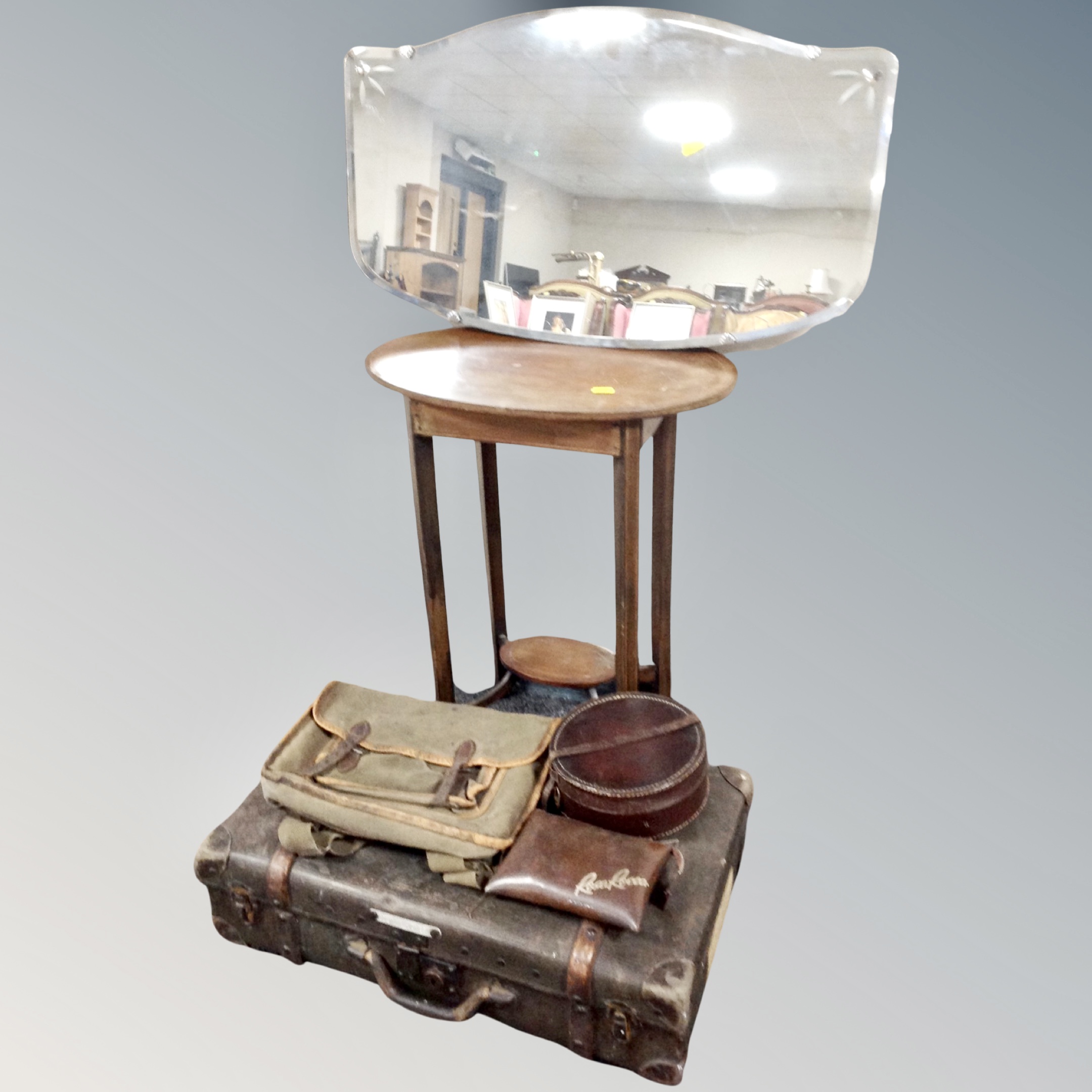 A 19th century oval occasional table together with frameless mirror, vintage luggage case,