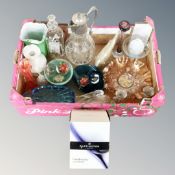 A box of good quality glass ware, paperweights, ship in bottle,