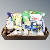 A box of household items, laundry tablets, rubber gloves, dish gloves, toothpaste, hand soaps,