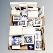 Two boxes of Ringtons Willow pattern vases, tea ware, place mats,