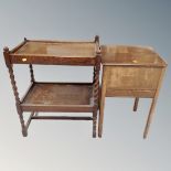 An Edwardian oak barley twist two tier serving table together with a mid century sewing table