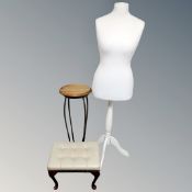 A Ducal pine plant stand on metal legs together with dress maker's mannequin and vinyl footstool