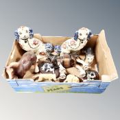 A box of pair of Staffordshire style spaniels, ceramic shire horses,