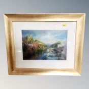 A Walter Holmes pastel drawing of Durham Cathedral from the river, 29cm by 19cm,