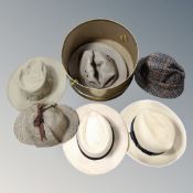 A hat box containing six gent's hats, Barbour, straw boaters,