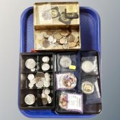 A tray of commemorative gold plated coins, £5 coins, 20th century American and British coins,