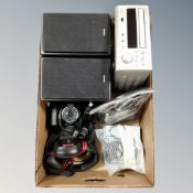 A box of Denon hifi, NIkon Coolpix P100 camera, wireless headphones,