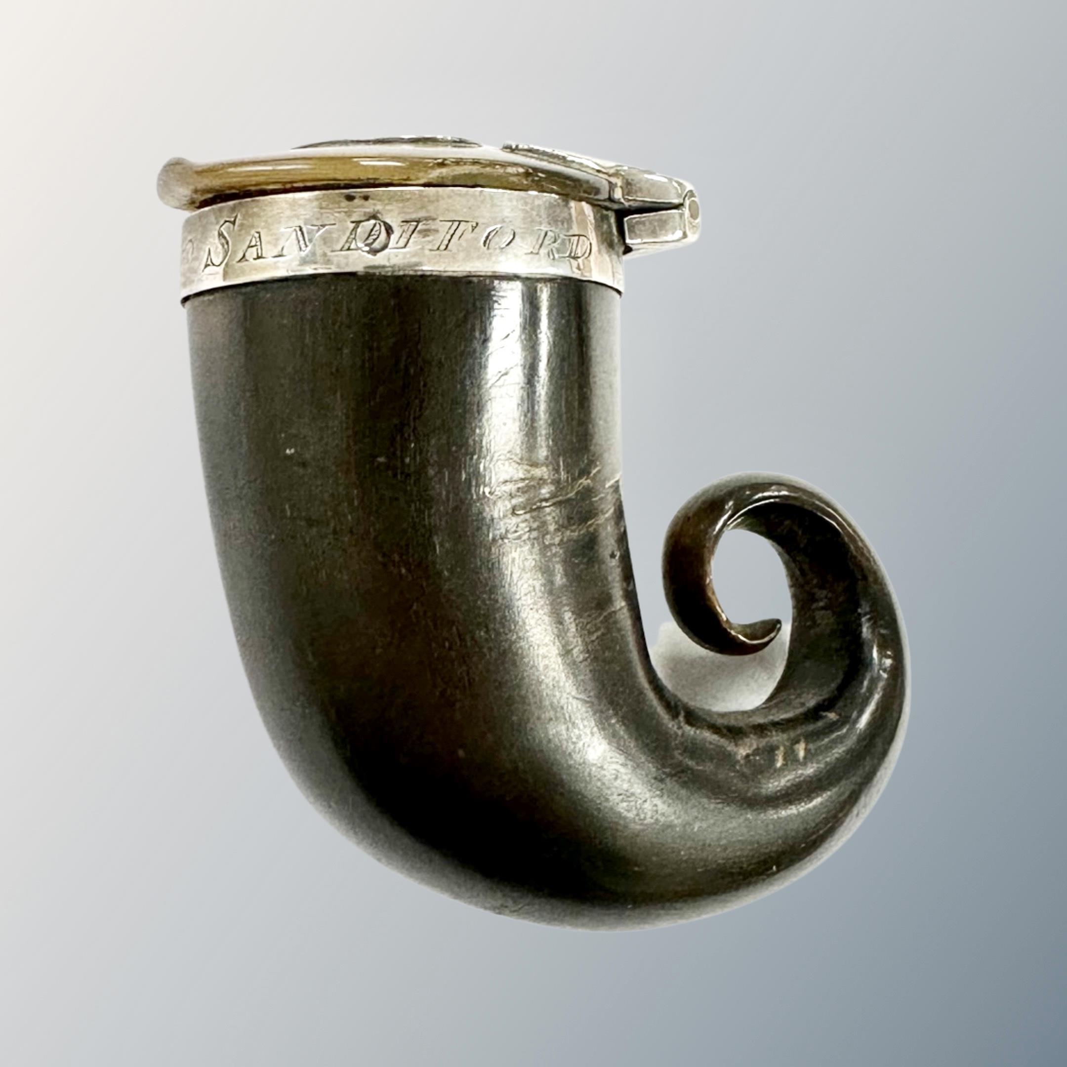 An early 19th century silver-mounted horn snuff mull, engraved Robt. Cutter, Sandiford, length 6cm. - Image 3 of 3