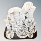 A tray of glass ware, crystal bowls, rose bowls,
