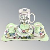 A four piece Maling green springtime dressing table set together with a Wedgwood Shakespeare