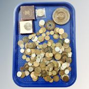 A tray of 19th and 20th century British coins, foreign coins, 1951 Festival of Britain silver Crown,