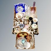 Three boxes of assorted ceramics and glass ware, Continental figurines, wall plates,