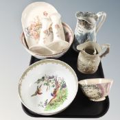 A tray of antique and later ceramics including Sunderland 'The Lord is my Shepherd' bowl,