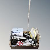 A box of 2000w fan heater, kitchen storage canisters and boxes, bicycle foot pump,