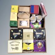 Two boxes of Ringtons Heritage tea sets, tea light houses, tea pots, ceramic money boxes,