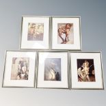 A set of five Michael Parkes prints depicting female nudes and animals in frames