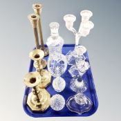 A tray of glass ware, crystal decanters and candle holders, lidded dishes,