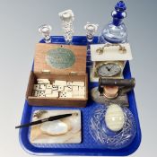 A tray of 19th century flat iron, cut glass candlesticks, dominoes, 1930's decanter,