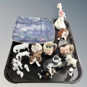 A tray of cabinet china, Royal Doulton character jugs, animal ornaments, Coalport figure lady Emily,