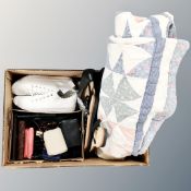 A box of hand stitched quilt, lady's shoes and trainers, purses,