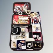 A tray of Oriental style lacquered jewellery box, quantity of costume jewellery, beaded necklaces,
