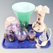 A tray of seven pieces of antique and later glassware, hand decorated vase, Caithness vases,