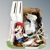 A box of two Nintendo Wii consoles with controller, leads,