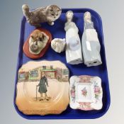 A tray of assorted ceramics, Beswick cat figure, Nao figures,